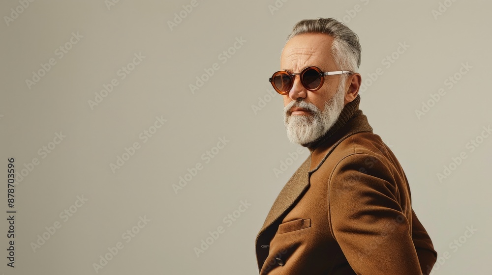 A man with a white beard wearing sunglasses and a brown coat looks over his shoulder A man with a white beard wearing sunglasses and a brown coat looks over his shoulder