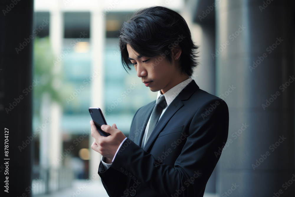 generated illustration of businessman standing outside and using mobile phone. worried looks at the screen generated illustration of businessman standing outside and using mobile phone. worried looks at the screen
