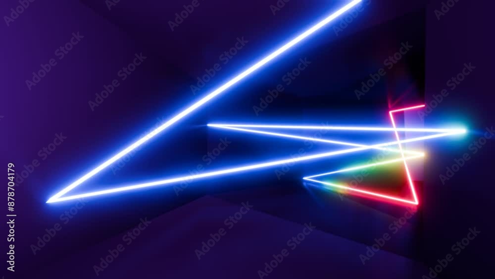 Red laser light rays turning into blue in dark corridor