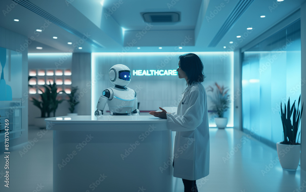A healthcare professional engages with an AI service robot at the reception desk of a modern medical facility highlighting the integration of artificial intelligence in healthcare services A healthcare professional engages with an AI service robot at the reception desk of a modern medical facility highlighting the integration of artificial intelligence in healthcare services