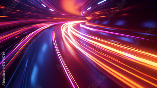 Farbige neonfarbene bunte Lichtspuren Kurve aus neon Lichtspuren Fahrzeuge in einer Comic Stadt 3d Generative AI