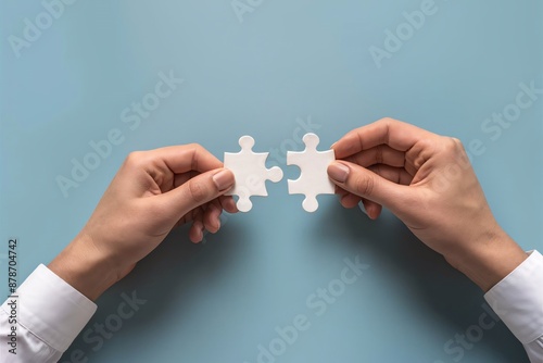Two hands, puzzle piece, connect, soft blue background, clean, minimalistic, collaboration, partnership, problem-solving, aligned, teamwork, cooperation, coming together, ideas, complete picture