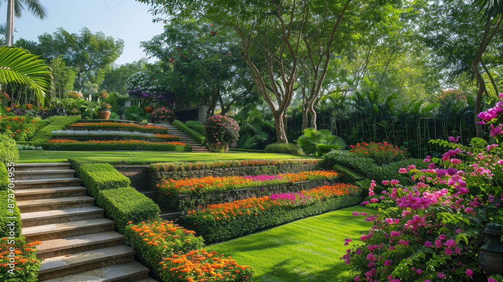 Beautiful home garden with terraces and path, design of landscaped backyard, stone retaining walls in summer. Concept of landscaping, plant, flower, nature Beautiful home garden with terraces and path, design of landscaped backyard, stone retaining walls in summer. Concept of landscaping, plant, flower, nature