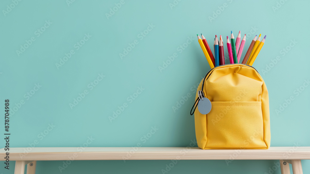 A bright yellow backpack filled with colorful pencils, placed on a wooden shelf against a pastel blue background. A bright yellow backpack filled with colorful pencils, placed on a wooden shelf against a pastel blue background.
