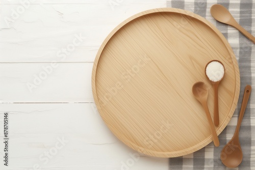 Empty round wooden plate with spoonand fork on wood table photo