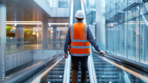 A dedicated mechanic inspects an escalator, showcasing the essential work of technicians on Labor Day.