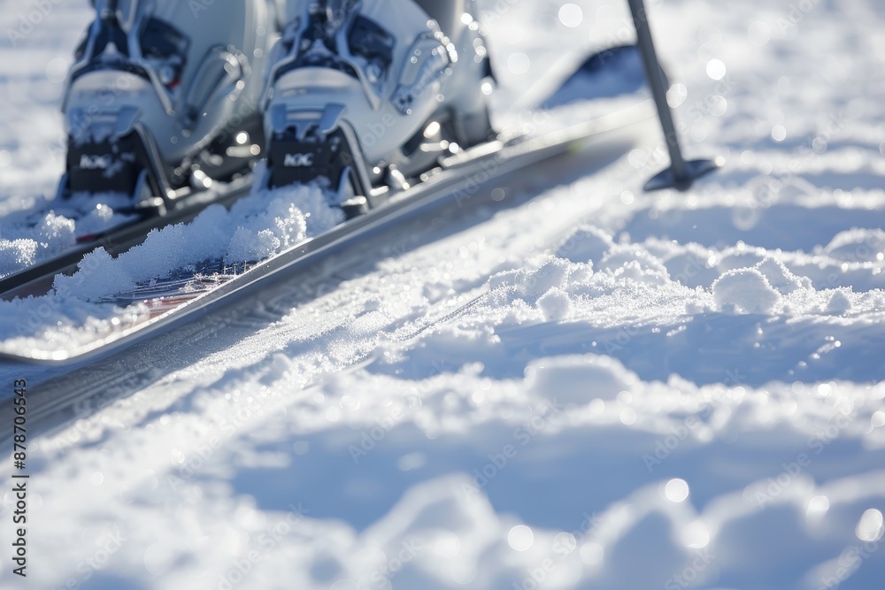 A person gliding down a snow-covered slope on skis, Close-ups of ski bindings and poles against a backdrop of pristine white snow A person gliding down a snow-covered slope on skis, Close-ups of ski bindings and poles against a backdrop of pristine white snow