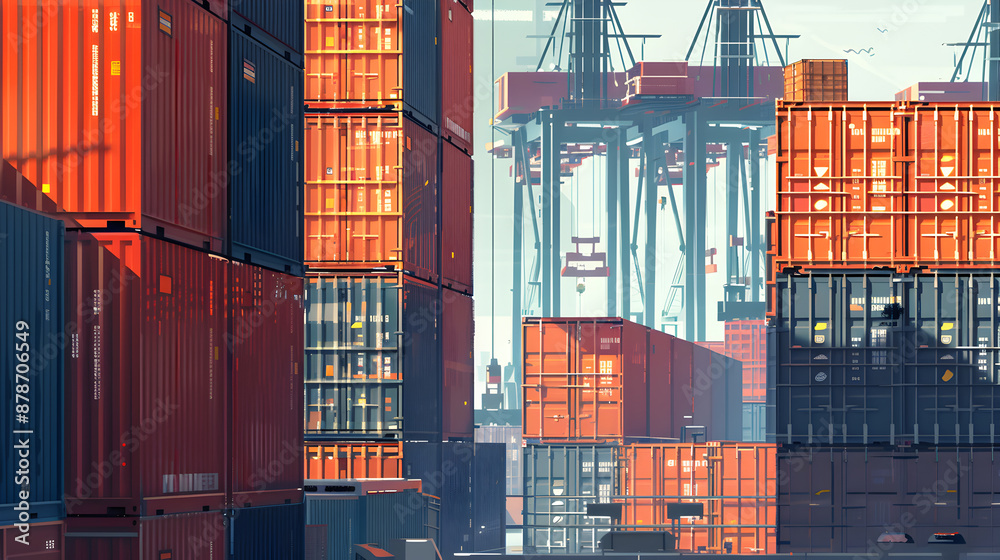 Fototapeta premium Background of a busy cargo terminal with stacked shipping containers