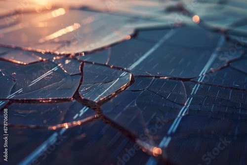 A detailed view of a shattered glass surface, likely from a solar panel, showing multiple cracks and damage, Close-up of a cracked glass surface on a solar panel