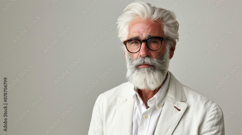 A man with a white beard and glasses looks directly at the camera A man with a white beard and glasses looks directly at the camera
