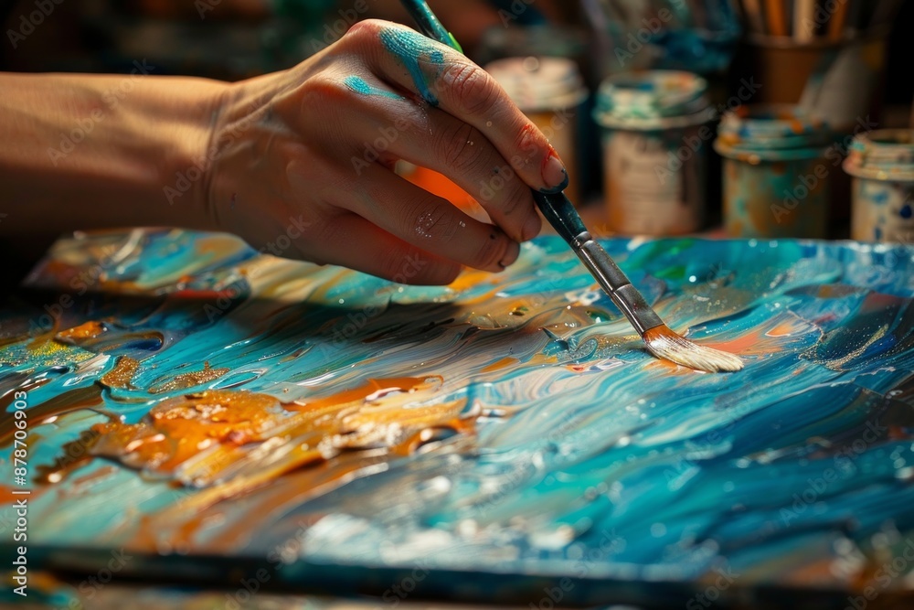 A hand mixes blue and yellow paint on a palette with a brush A hand mixes blue and yellow paint on a palette with a brush