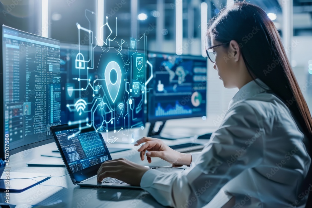 A woman seated at a desk, using a laptop computer for work or study, Collaborating with cybersecurity experts to strengthen defenses against threats A woman seated at a desk, using a laptop computer for work or study, Collaborating with cybersecurity experts to strengthen defenses against threats