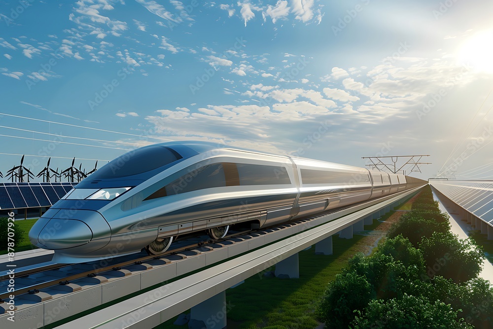 A high-speed maglev train passing through a renewable energy farm A high-speed maglev train passing through a renewable energy farm