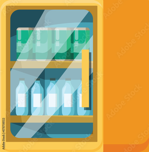 Refrigerator with glass door displaying beverages in bottles and aluminum cans on shelves