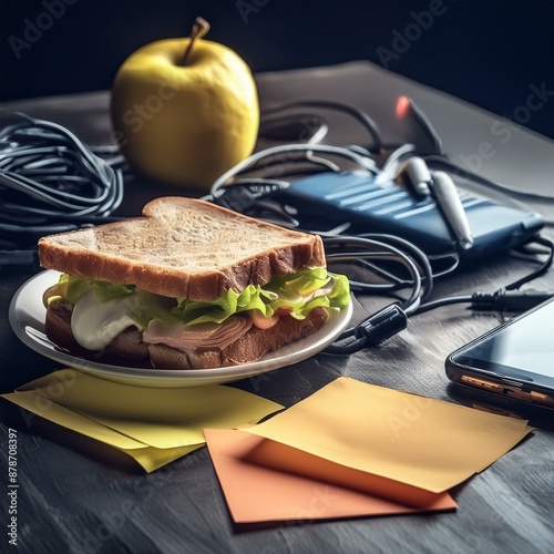 A cluttered desk with scattered sticky notes, a smartphone charging, and a half-eaten sandwi photo