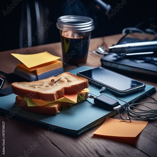 A cluttered desk with scattered sticky notes, a smartphone charging, and a half-eaten sandwi photo