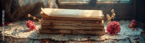 Many old letters on a table with flowers