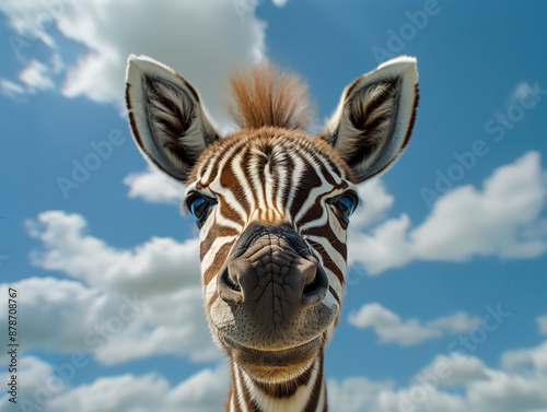 Cute baby zebra looking at camera in the backround of blue sky with white clouds photo