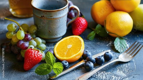 Items for enjoying a meal mug utensils flatware fruit