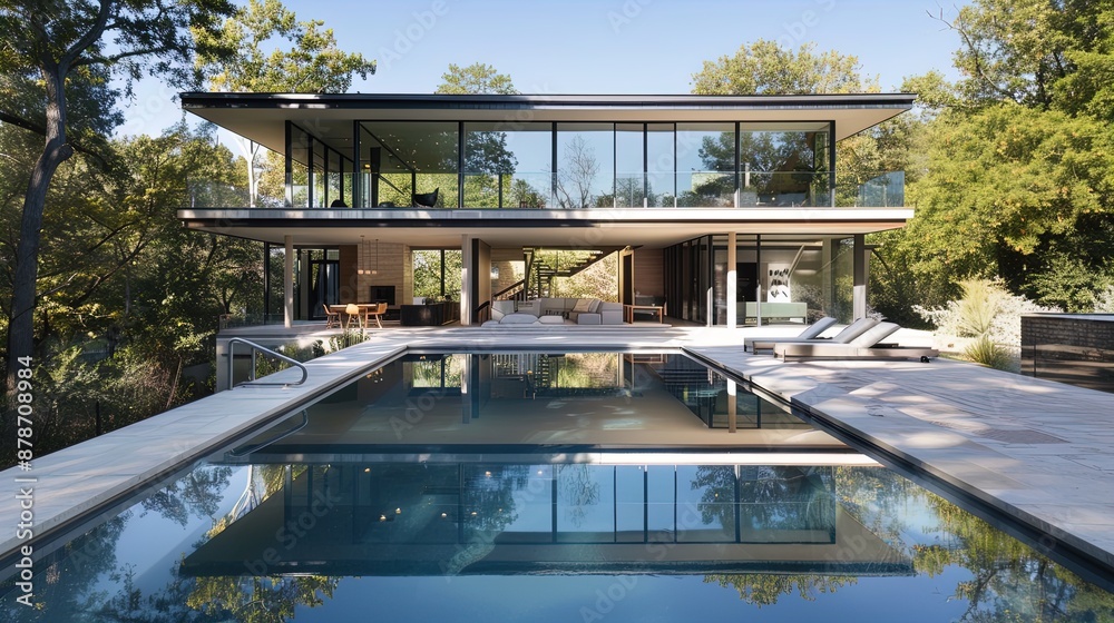 Fototapeta premium Modern luxury house with glass walls and outdoor pool at twilight surrounded by trees. Architectural photography with evening sky. Contemporary living and outdoor relaxation concept for design