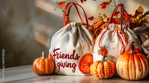 Friendsgiving bags with pumpkins and autumn decor, representing celebration and friendship, suitable for Friendsgiving and Thanksgiving Day photo