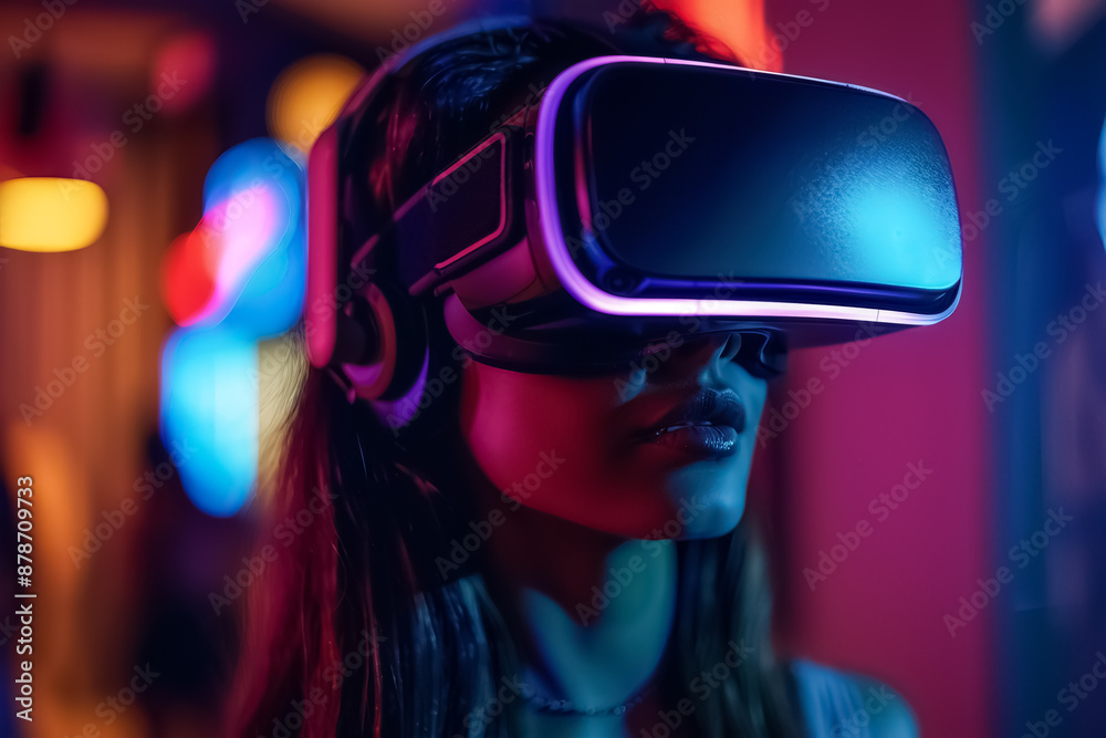 Woman wearing VR headset experiencing virtual reality in a neon-lit room, highlighting immersive technology and modern entertainment. high quality Woman wearing VR headset experiencing virtual reality in a neon-lit room, highlighting immersive technology and modern entertainment. high quality