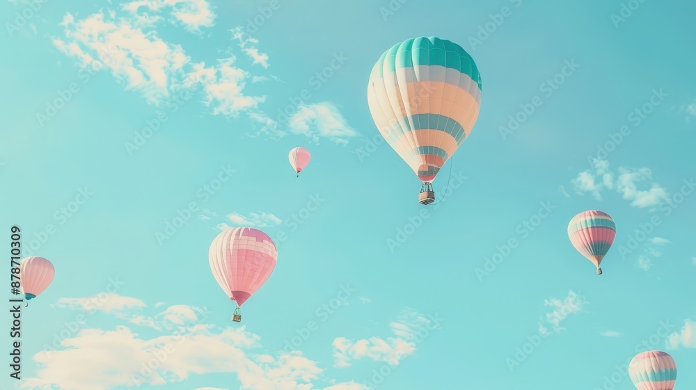 Naklejka premium Several hot air balloons, with pink and blue patterns, drift in a clear blue sky dotted with white clouds