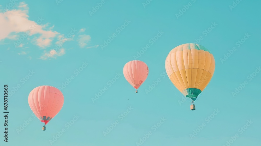 Three hot air balloons float in a bright blue sky with a single cloud Three hot air balloons float in a bright blue sky with a single cloud