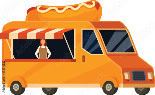 Cartoon illustration of a food truck selling hot dogs, with a female seller waiting for customers