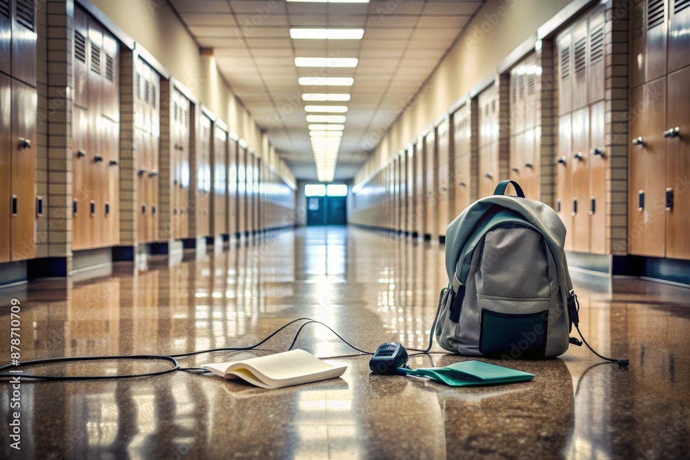 Empty school hallway with lockers, a backpack, and study materials on the floor, creating an academic and nostalgic atmosphere. Empty school hallway with lockers, a backpack, and study materials on the floor, creating an academic and nostalgic atmosphere.