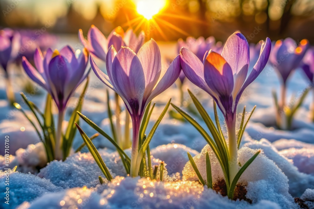 Vibrant crocuses burst forth from thawing winter wonderland, delicate petals unfurling towards warm sunlight amidst lingering snowdrifts and frosty morning dew. Vibrant crocuses burst forth from thawing winter wonderland, delicate petals unfurling towards warm sunlight amidst lingering snowdrifts and frosty morning dew.