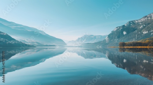 Tranquil landscape with a calm, reflective lake surrounded by mountains