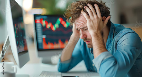 A worried investor holding his head. with graph showing a dramatic decline in stock prices on a computer screen, financial crisis