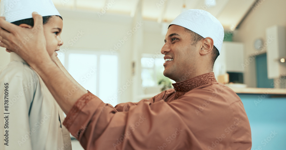 Obraz premium Muslim family, father and son dressing in home, happy and prayer preparation in Islamic clothes. Man, help and taqiyah adjustment for salaah support, care and Malaysian people in apartment together