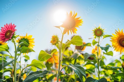 A field of sunflowers reaching towards the sunny blue sky, Colorful sunflowers reaching towards the sunlight