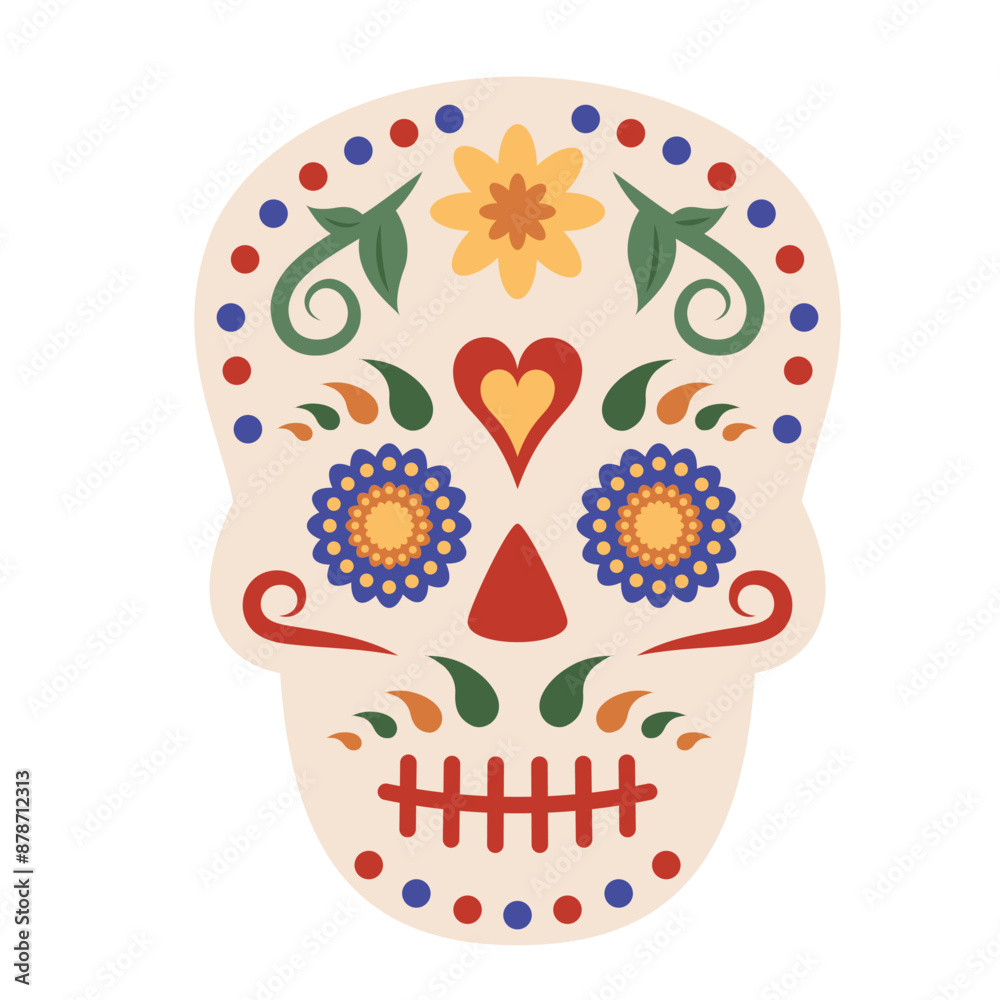 Mexican skull isolated on white background. Dia de los muertos. Skull icon with color flowers, national ornament. Traditional festive element for decoration party, holiday, Day of the dead. Vector Mexican skull isolated on white background. Dia de los muertos. Skull icon with color flowers, national ornament. Traditional festive element for decoration party, holiday, Day of the dead. Vector