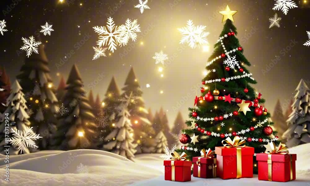 Illuminated christmas trees with red and golden garlands into a forest with snowy flakes with shape of stars close to xmas gifts in red boxes Illuminated christmas trees with red and golden garlands into a forest with snowy flakes with shape of stars close to xmas gifts in red boxes