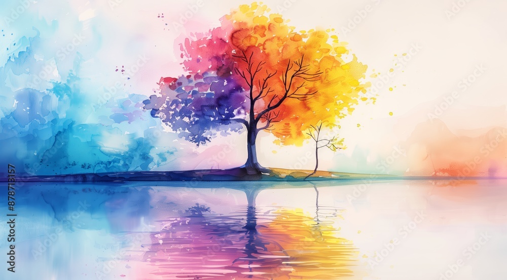 Watercolor Rainbow Tree with Pastel Sky and Reflection Watercolor Rainbow Tree with Pastel Sky and Reflection