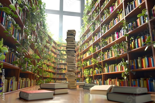 A library with books that grow taller as they are read, illustrating knowledge expansion