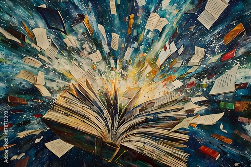 A literary explosion with pages, words, and entire books swirling around, depicting a world built from stories.
