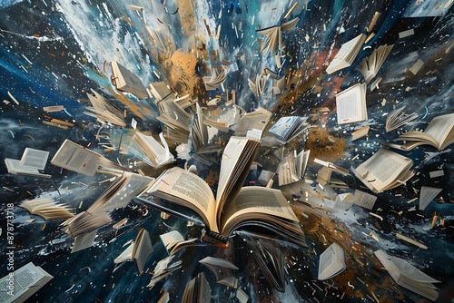 A literary explosion with pages, words, and entire books swirling around, depicting a world built from stories. photo