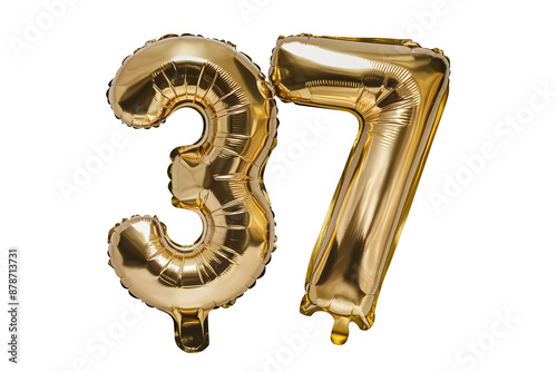 Golden Foil Balloons Forming the Number 37 on a White Background