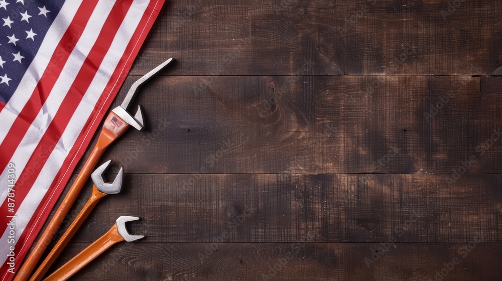 Construction tools with American flag on dark wooden background, Labor Day theme, ethereal, blend mode, cityscape backdrop, focus cover all object Construction tools with American flag on dark wooden background, Labor Day theme, ethereal, blend mode, cityscape backdrop, focus cover all object
