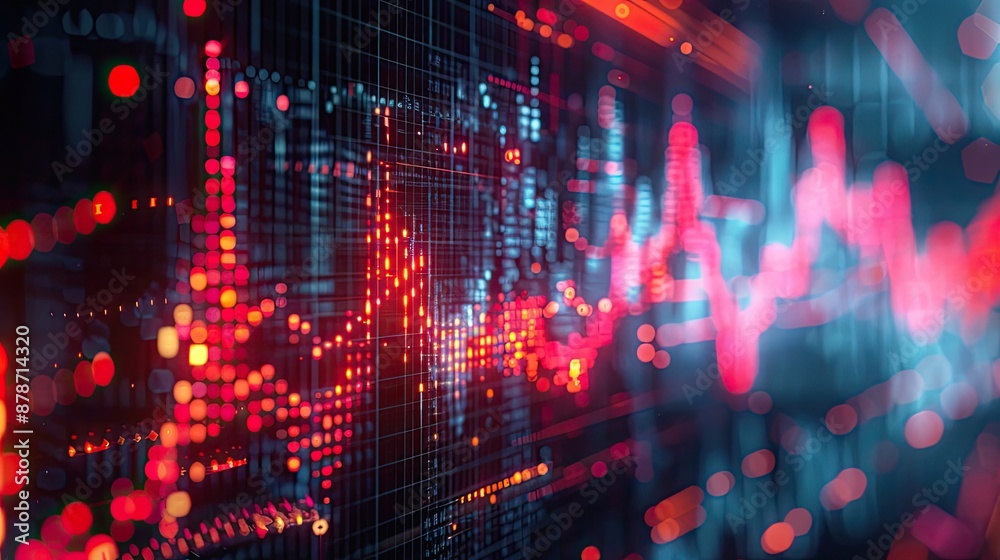 Fototapeta premium A dynamic digital representation of data analysis with red and blue graph lines and glowing points on a dark background, symbolizing technology and information flow