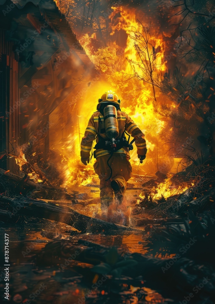 A brave firefighter in full gear battling intense flames in a dramatic scene, highlighting the courage and heroism of first responders A brave firefighter in full gear battling intense flames in a dramatic scene, highlighting the courage and heroism of first responders