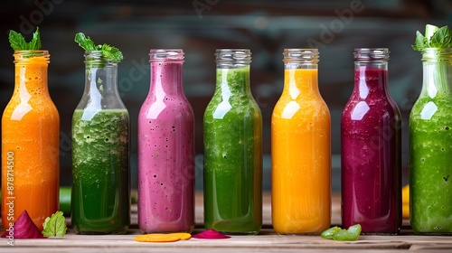Assortment of Vibrant Fruit and Vegetable Smoothies in Bottles