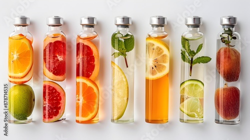 Assortment of Vibrant Fruit Extracts in Glass Vials for Healthy Beverage Infusions