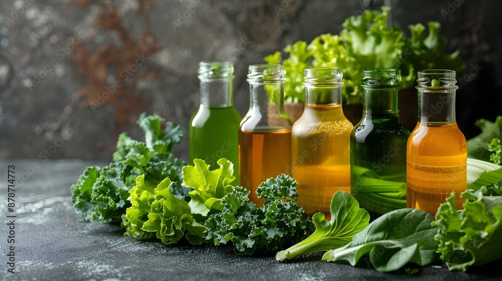 Bottles of Vegetable Extracts with Fresh Leafy Greens in a Natural Setting Bottles of Vegetable Extracts with Fresh Leafy Greens in a Natural Setting