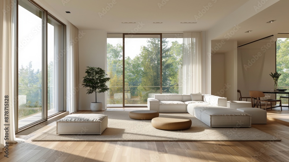 Fototapeta premium A contemporary home interior featuring sleek furniture, soft tones, and expansive windows for natural light, embodying simplicity and elegance.