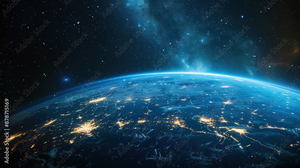 Obraz premium View of Earth from space at night, showing illuminated city lights and a star-filled galaxy in the background.